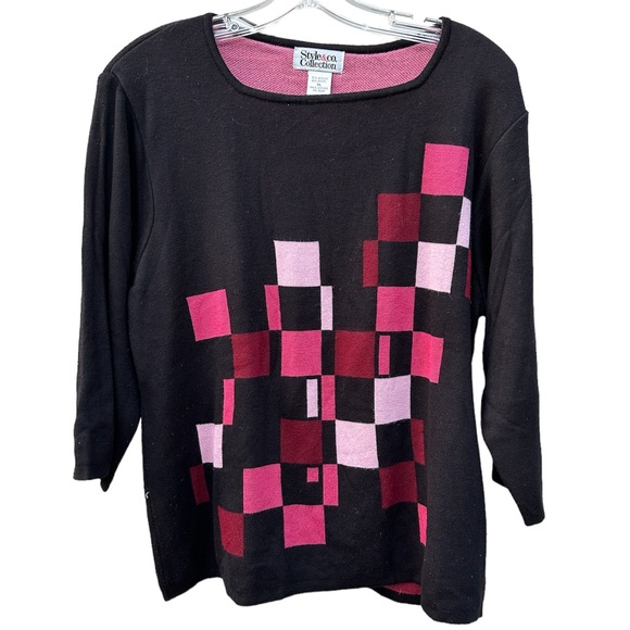 💥LAST CALL💥 STYLE & CO 3/4 Sleeve Pink Red Black Pullover Sweater Top Size XL - Picture 2 of 4